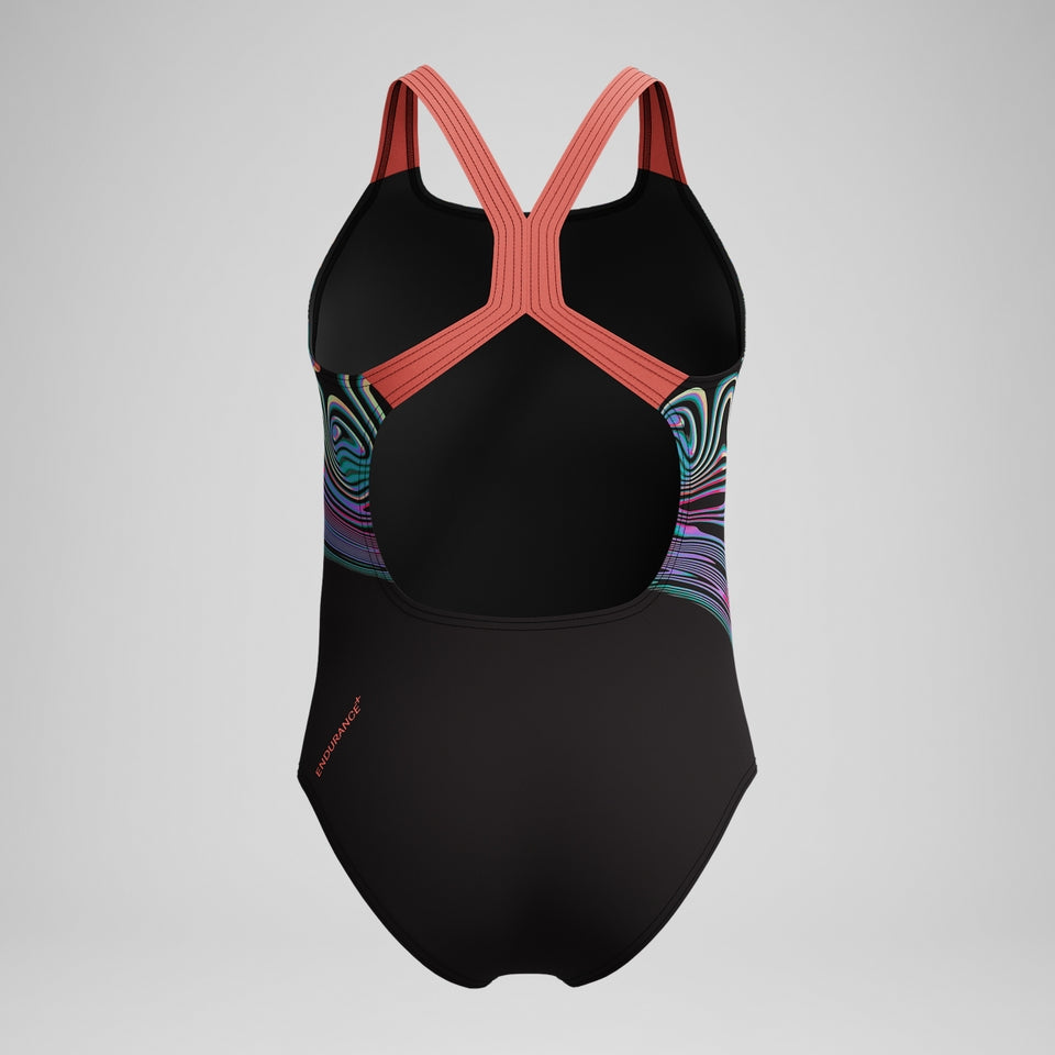 Speedo Girls Placement Powerback Swimsuit Black/Orange