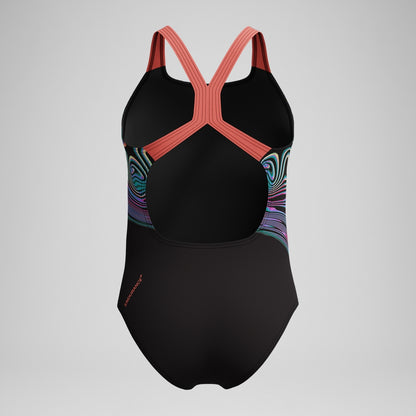 Speedo Girls Placement Powerback Swimsuit Black/Orange