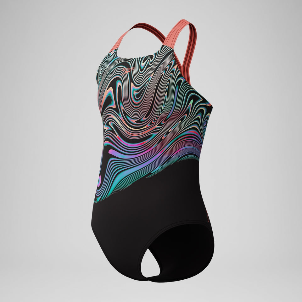 Speedo Girls Placement Powerback Swimsuit Black/Orange