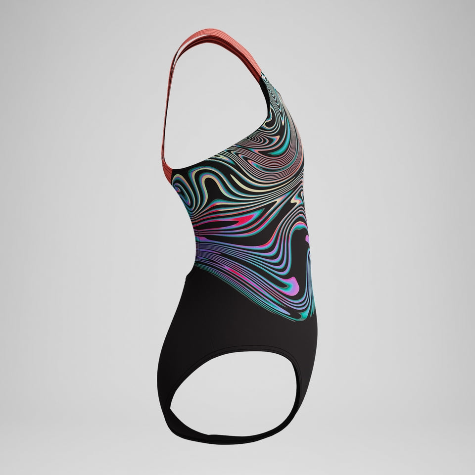 Speedo Girls Placement Powerback Swimsuit Black/Orange