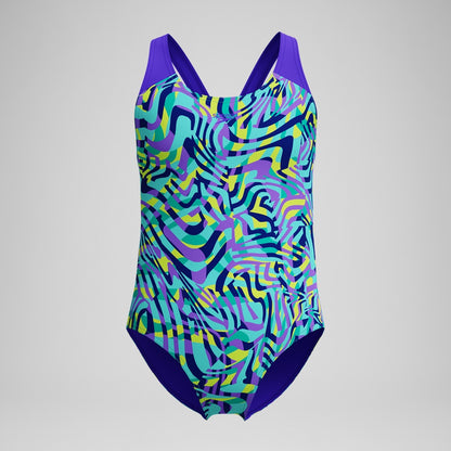 Speedo Girls Allover Splashback Swimsuit Green/Purple