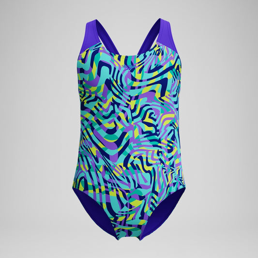 Speedo Girls Allover Splashback Swimsuit Green/Purple