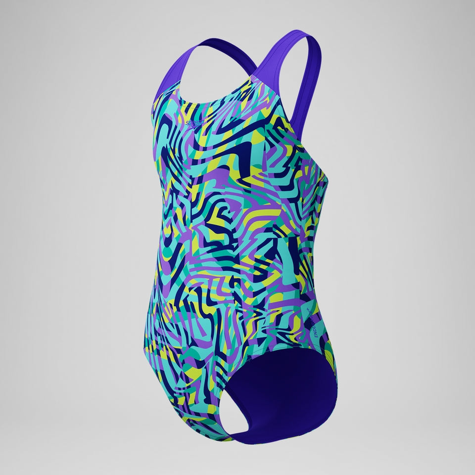Speedo Girls Allover Splashback Swimsuit Green/Purple