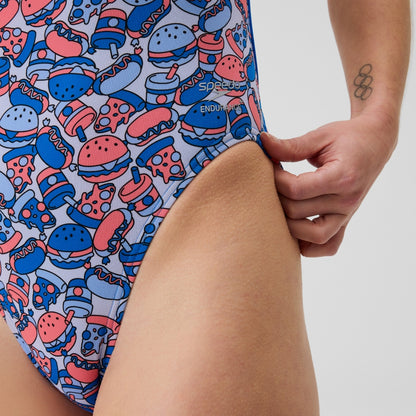 Speedo Club Training Printed Web Back Swimsuit Blue/Orange