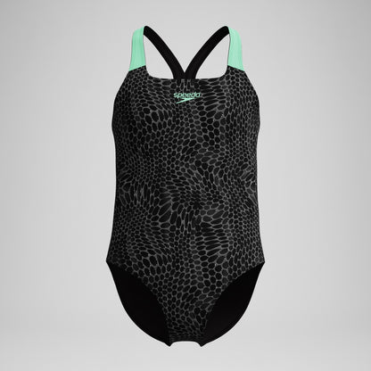 Speedo Girls Allover Powerback Swimsuit Black/Green