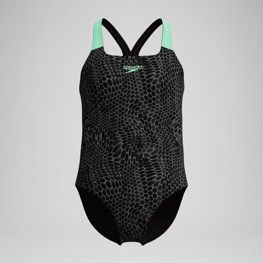 Speedo Girls Allover Powerback Swimsuit Black/Green