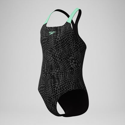Speedo Girls Allover Powerback Swimsuit Black/Green