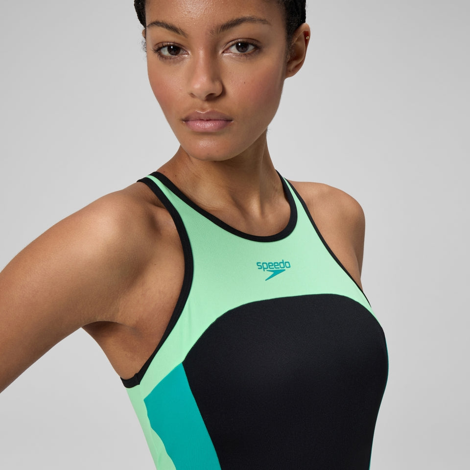 Speedo High Neck Splice Cross Back Swimsuit Black/Turquoise