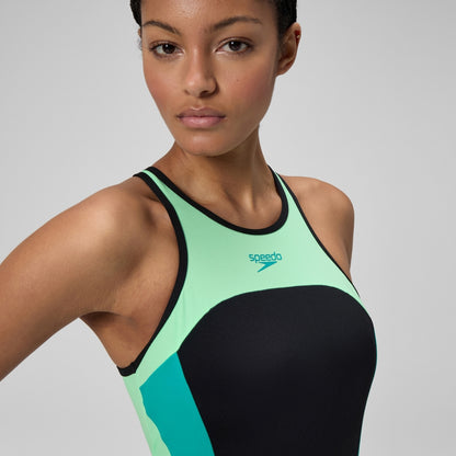 Speedo High Neck Splice Cross Back Swimsuit Black/Turquoise