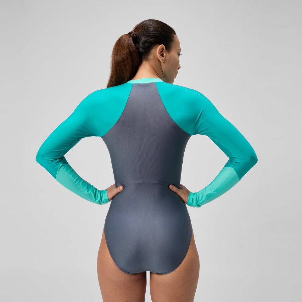 Speedo Colourblock Long Sleeve Swimsuit Grey/Green