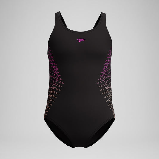 Speedo Girls Placement Muscleback Swimsuit Black/Peach