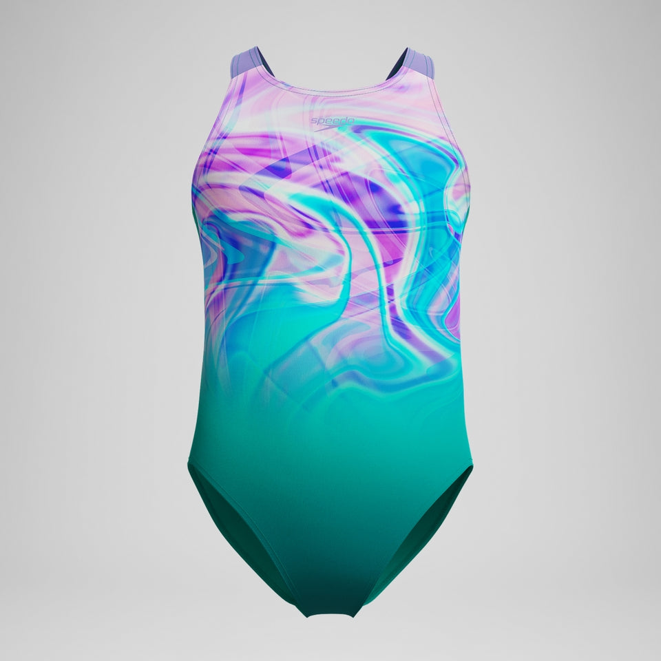 Speedo Girls Printed Pulseback Swimsuit Green/Pink