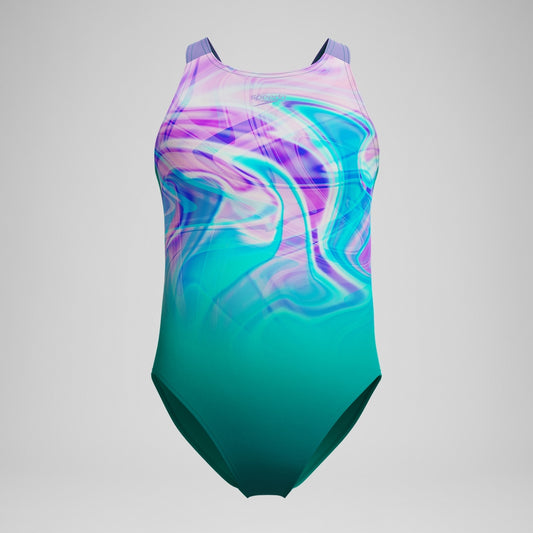 Speedo Girls Printed Pulseback Swimsuit Green/Pink