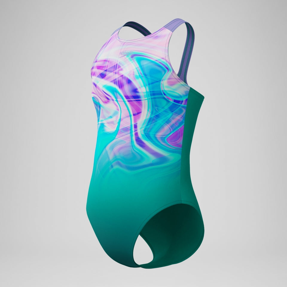 Speedo Girls Printed Pulseback Swimsuit Green/Pink