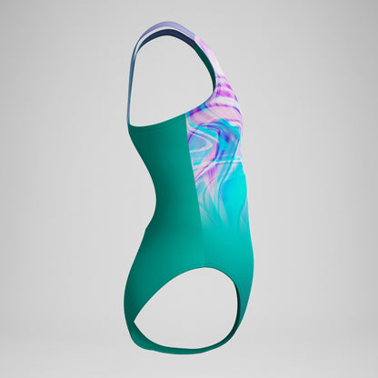 Speedo Girls Printed Pulseback Swimsuit Green/Pink