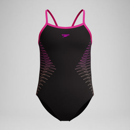 Speedo Girls Plastisol Placement Thinstrap Swimsuit Black/Pink