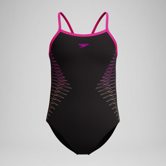 Speedo Girls Plastisol Placement Thinstrap Swimsuit Black/Pink